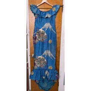Vintage 60s Pauline Lake Royal Hawaiian Maxi Dress Gown Asian Ruffles Train Sz L